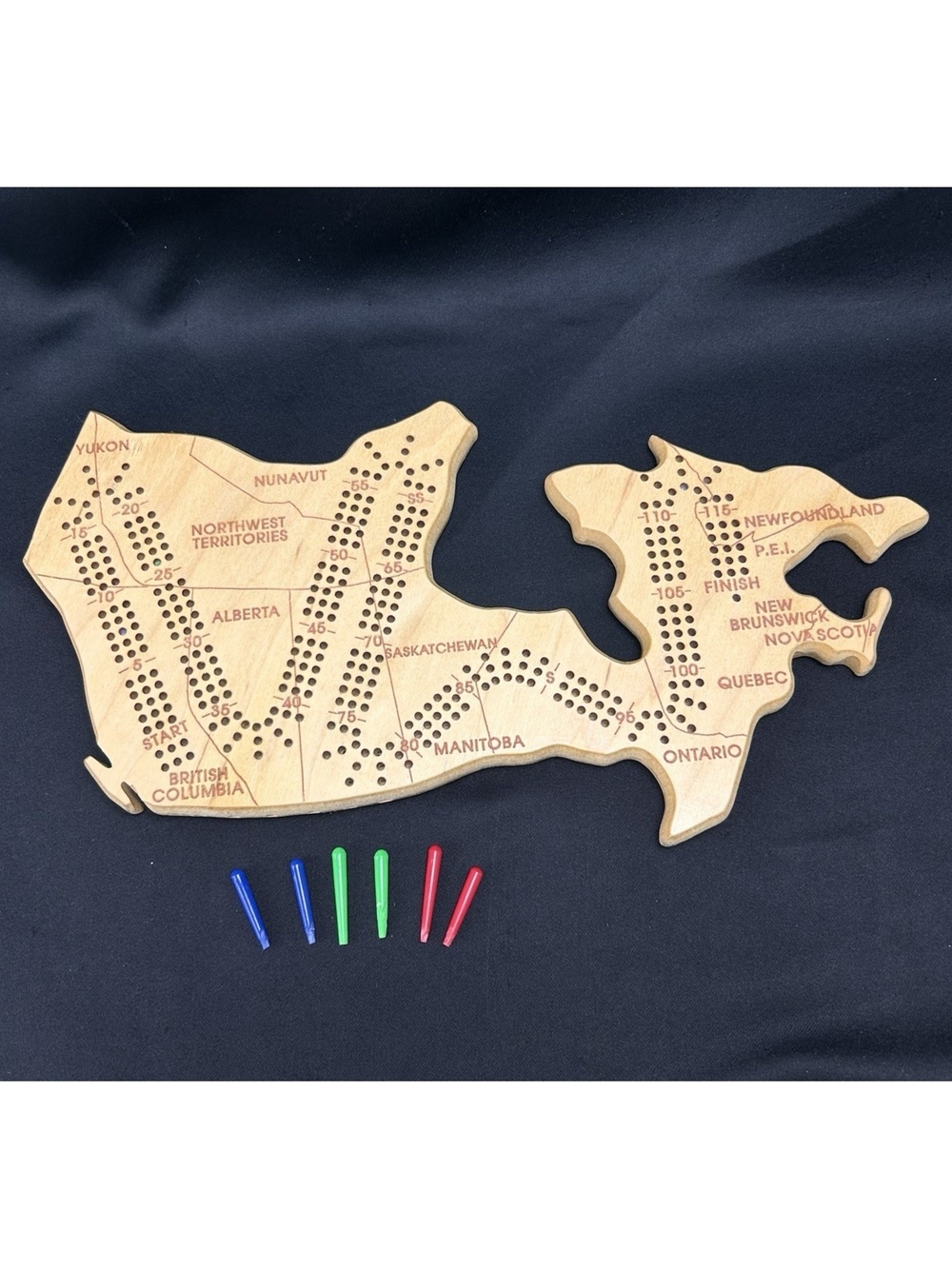 Vintage Canada Cribbage Board Hand Made Wood 13.5" x 7.5" With Pegs Whittle Bits